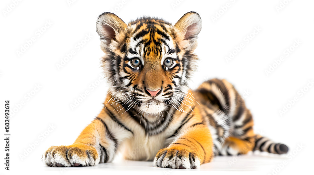 Obraz premium Adorable and Curious Baby Tiger Cub Sitting Calmly Against a Clean White Background Showcasing Its Striped Fur Whiskers and Captivating Eyes