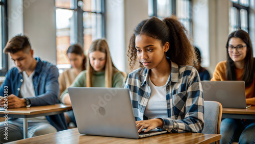 Group of multiethnic students using laptop computer in class. Education and technology concept.