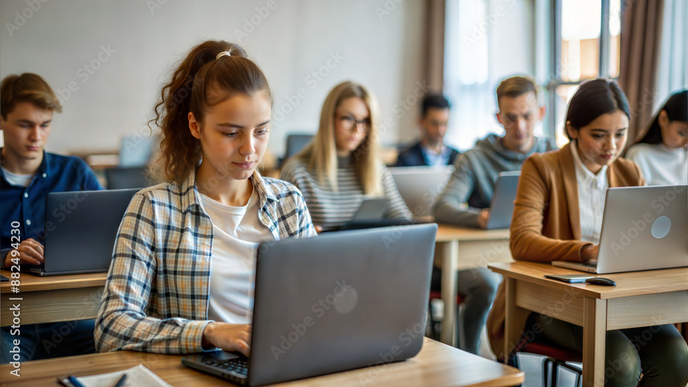 Group of students using laptop in classroom. Selective focus on girl Group of students using laptop in classroom. Selective focus on girl