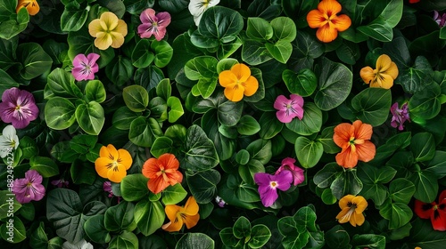 Aerial View of Blooming Tigirdia, Tropaeolum Majus, Viola Tricolor, and Vinca Difformis