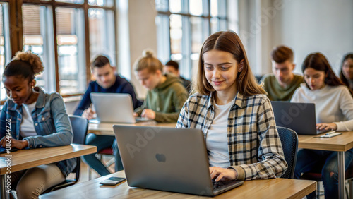Wallpaper Mural education, high school, technology and people concept - group of smiling students with laptop computers in classroom Torontodigital.ca