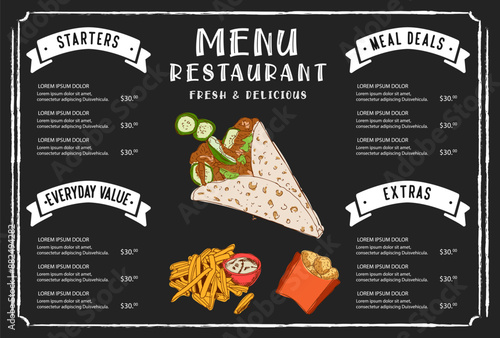 Greek Gyros Hand drawn vector illustration. Making Gyros ingredients. Fast food design elements. Restaurant cafe poster, menu template design.