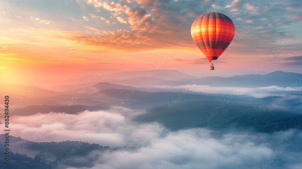 Obraz premium Hot Air Balloon Soaring Over Misty Mountains at Sunrise