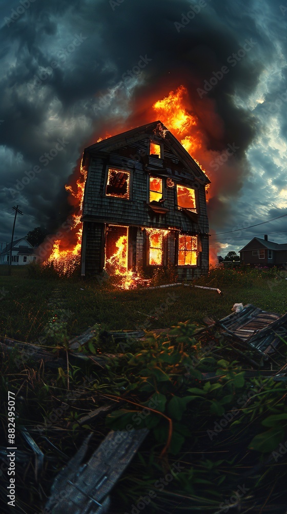 Hyper-Realistic Fish-Eye Lens Photo of a Black House on Fire in Intense Flames, Capturing Dramatic Smoke and Fiery Details. Realistic, Detailed Scene of Burning House and Enveloping Inferno. Hyper-Realistic Fish-Eye Lens Photo of a Black House on Fire in Intense Flames, Capturing Dramatic Smoke and Fiery Details. Realistic, Detailed Scene of Burning House and Enveloping Inferno.