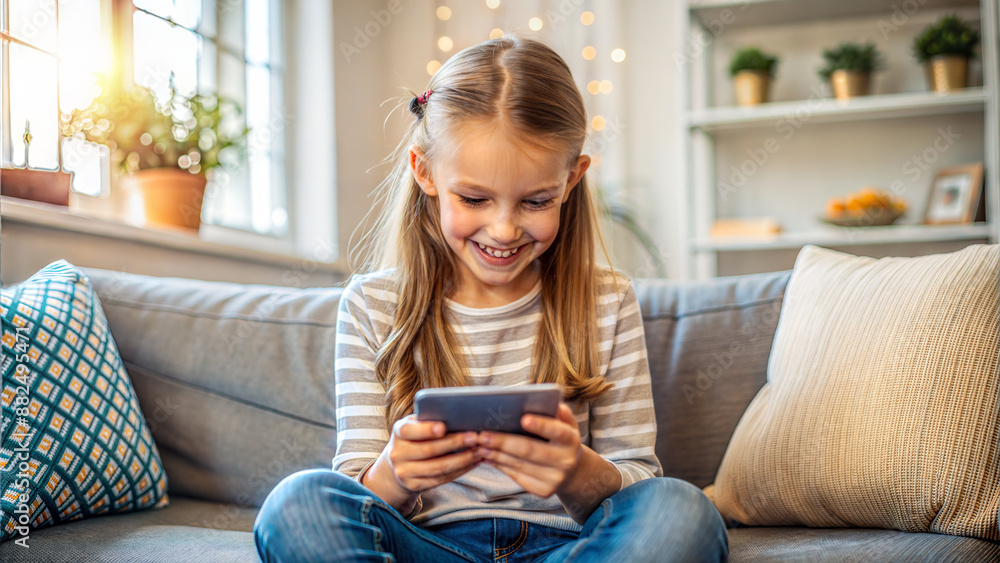Little girl using smartphone while sitting on sofa in living room at home Little girl using smartphone while sitting on sofa in living room at home