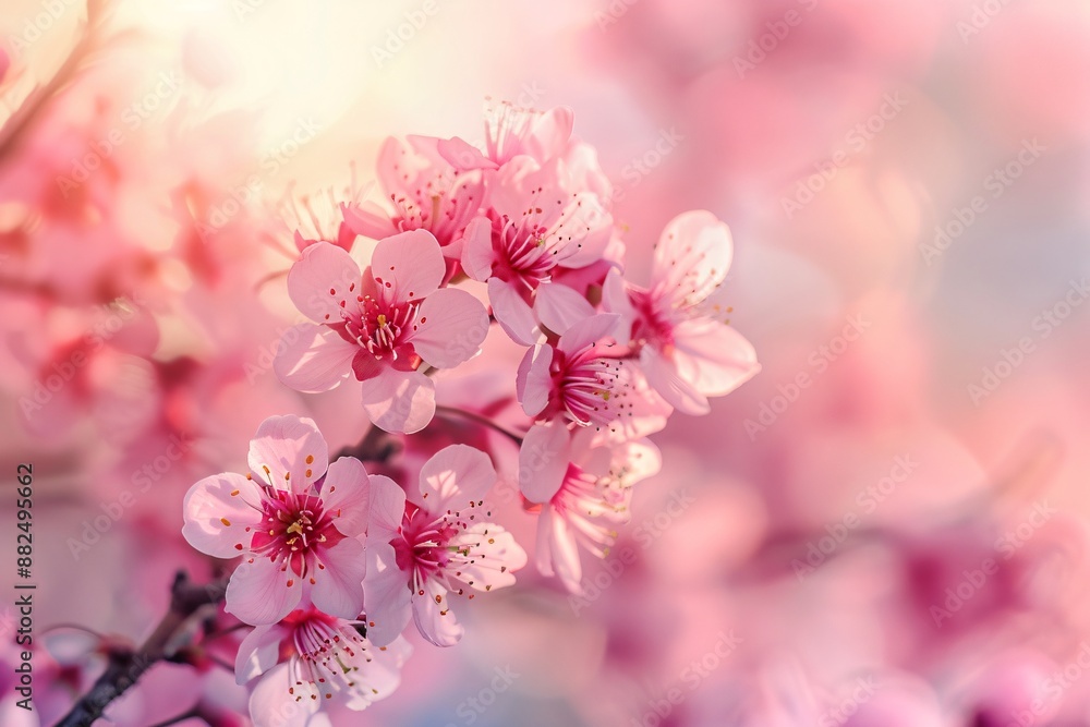 Fototapeta premium Pink cherry blossoms in full bloom against a soft-focused background, capturing the essence of springtime
