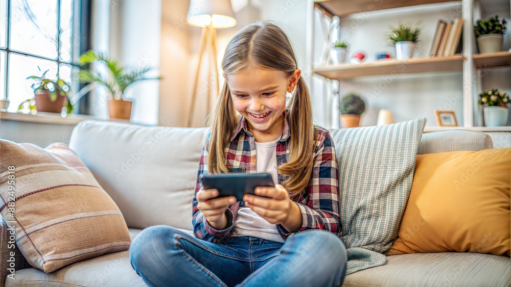 Obraz premium Cute little girl playing video games on smartphone while sitting on sofa at home