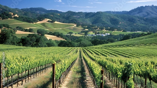 Vineyard Rows Amidst Rolling Hills