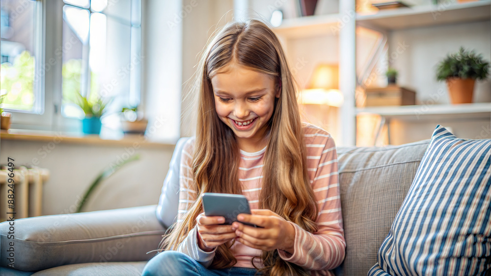 Little girl using smartphone while sitting on sofa at home in the living room Little girl using smartphone while sitting on sofa at home in the living room