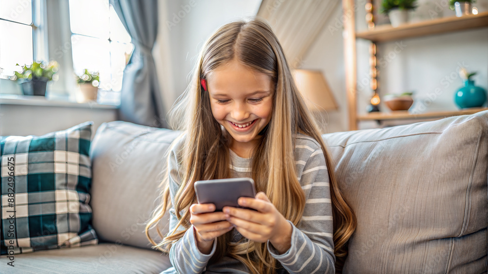 Cute little girl using smartphone while sitting on sofa in living room at home Cute little girl using smartphone while sitting on sofa in living room at home