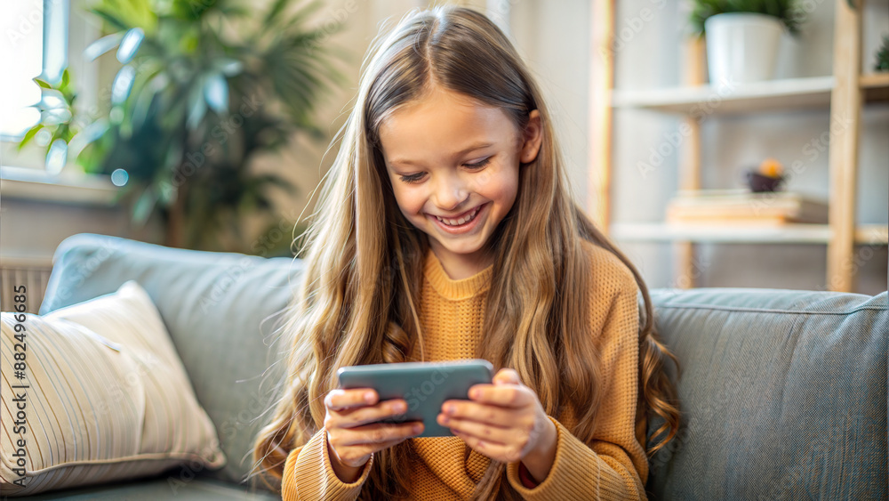 Smiling little girl using smartphone while sitting on sofa in living room at home Smiling little girl using smartphone while sitting on sofa in living room at home