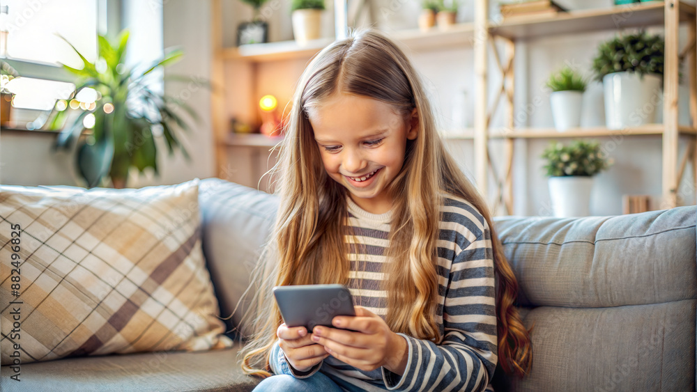 Portrait of cute little girl using smartphone while sitting on sofa at home Portrait of cute little girl using smartphone while sitting on sofa at home