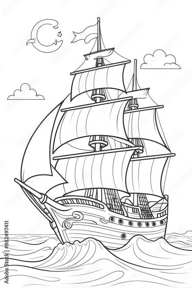 Fototapeta premium Ship coloring page in water, black and white