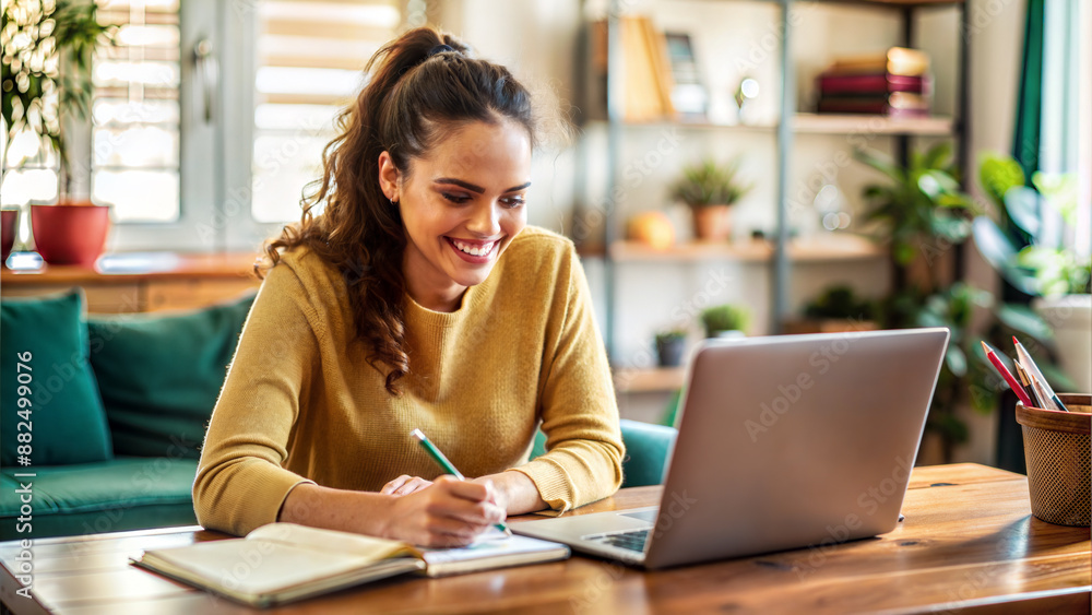 Smiling young woman writing in notebook while working on laptop at home Smiling young woman writing in notebook while working on laptop at home