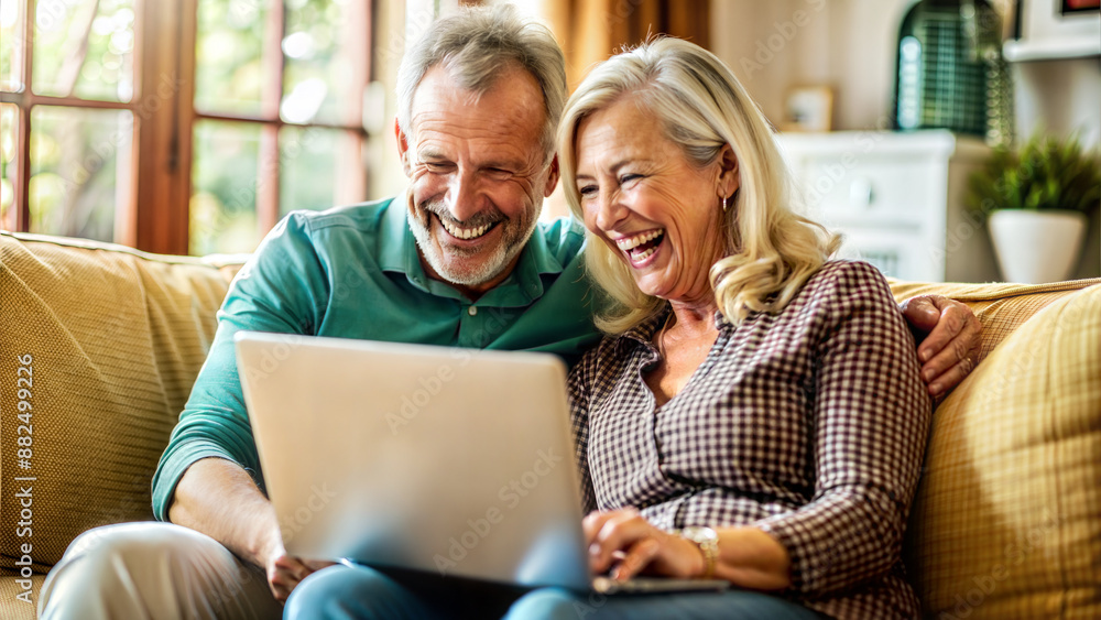 Senior couple using laptop computer while sitting on sofa in living room at home Senior couple using laptop computer while sitting on sofa in living room at home