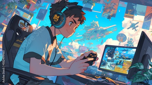Boy playing games with headphones Anime style illustration, anime background