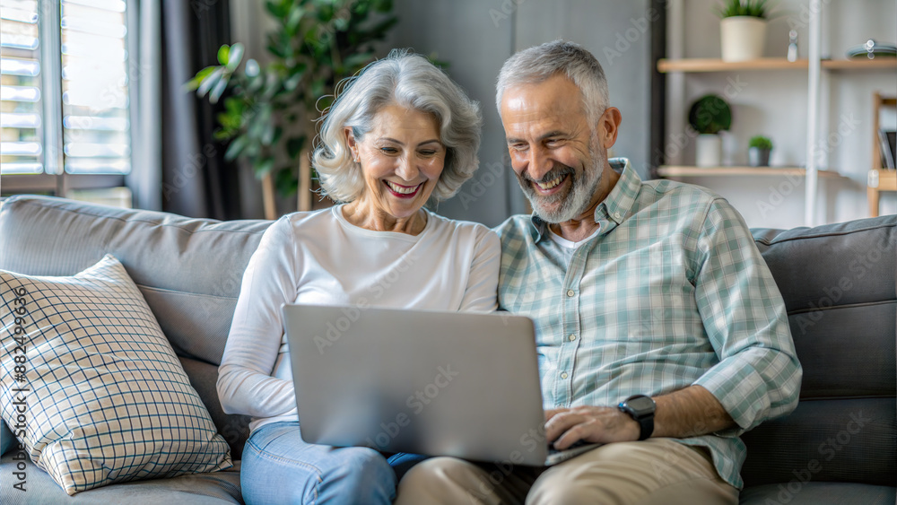 Happy senior couple using laptop while sitting on sofa in living room at home Happy senior couple using laptop while sitting on sofa in living room at home
