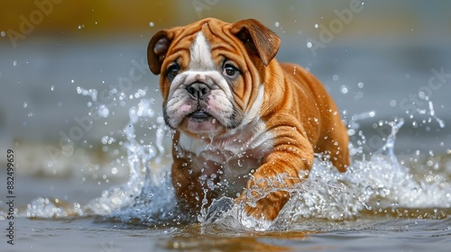 An English bulldog puppy is splashing around in the water. Its wrinkled face and short legs paddle eagerly, enjoying the cool sensation. The playful puppy is having a great time, its joy evident in ev