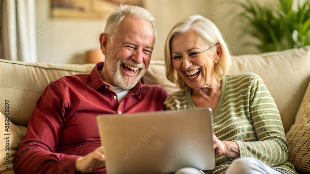 Senior couple using a laptop computer while sitting on a sofa at home