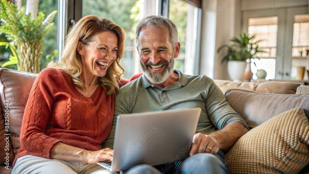 Senior couple using laptop at home in the living room. They are smiling and looking at the camera. Senior couple using laptop at home in the living room. They are smiling and looking at the camera.