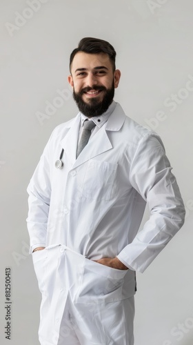 Cheerful handsome bearded smiling guy is holding the copy space. Doc is wearing white uniform and a tie, stands on a light white background © master old