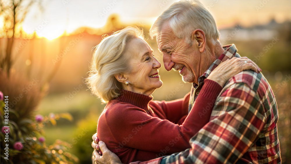 Portrait of happy senior couple embracing each other in garden at sunset Portrait of happy senior couple embracing each other in garden at sunset