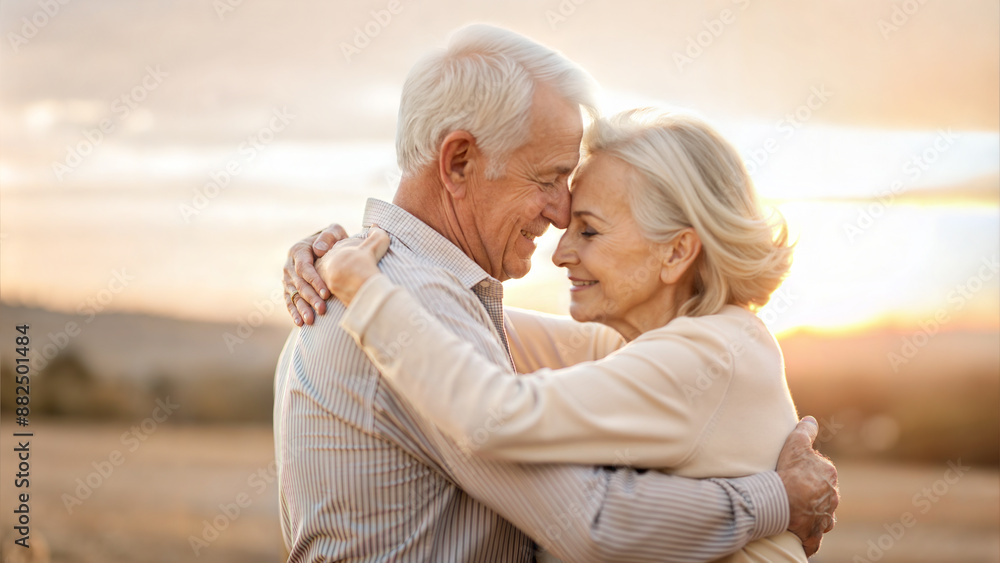 senior couple hugging and looking at each other at sunset in summer senior couple hugging and looking at each other at sunset in summer