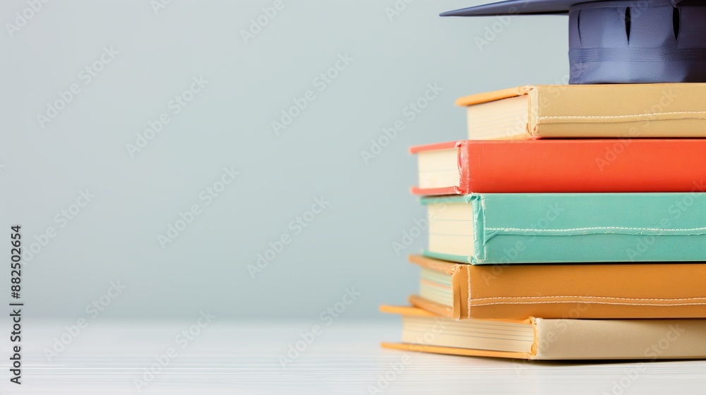 Fototapeta premium a stack of textbooks with a graduation cap, back to school education theme, detailed illustration isolated on white background