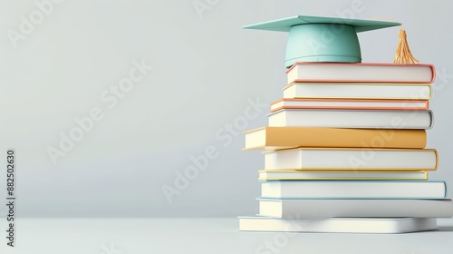 a stack of textbooks with a graduation cap, back to school education theme, detailed illustration isolated on white background