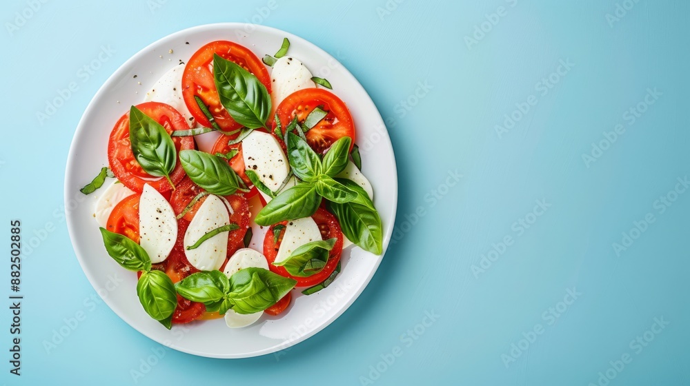 A flat lay of a white plate with a caprese salad of tomatoes, mozzarella, and basil on a light blue background A flat lay of a white plate with a caprese salad of tomatoes, mozzarella, and basil on a light blue background