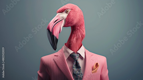 Flamingo dressed in an elegant pink suit with a nice tie. Fashion portrait of an anthropomorphic animal, bird, shooted in a charismatic human attitude photo