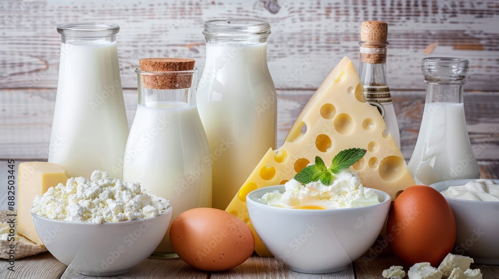 Dairy products such as milk, cheese, egg, yogurt and butter. Dairy products such as milk, cheese, egg, yogurt and butter.