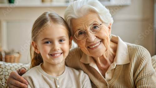 Portrait of happy senior woman and granddaughter looking at camera at home