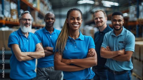 A diverse group of workers in blue polo shirts stand together with their arms crossed and smiling at the camera inside an industrial warehouse filled with machinery and pallets of goods