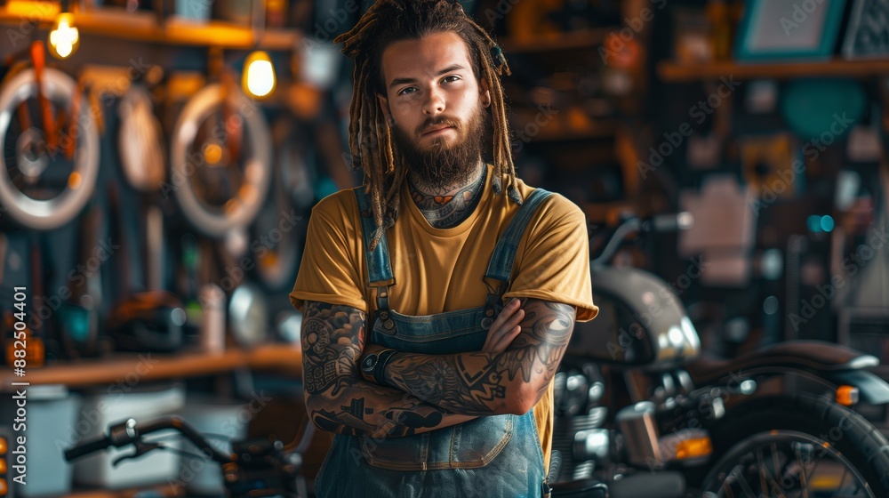 A photo of an attractive man with dreadlocks standing in his bike shop holding tools A photo of an attractive man with dreadlocks standing in his bike shop holding tools
