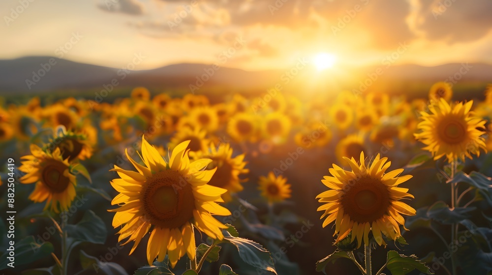 Fototapeta premium landscape of vast agricultural field with blooming yellow sunflowers in summer countryside during sunset. 
