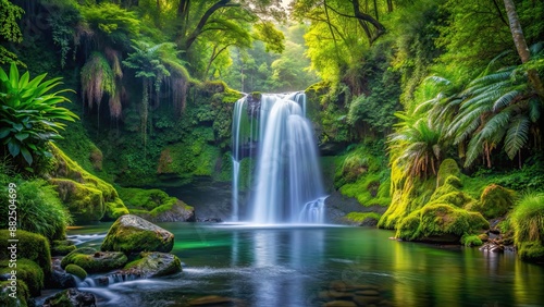 Serene waterfall hidden in a lush forest setting, waterfall, forest, nature, scenic, tranquil, environment, outdoor, green