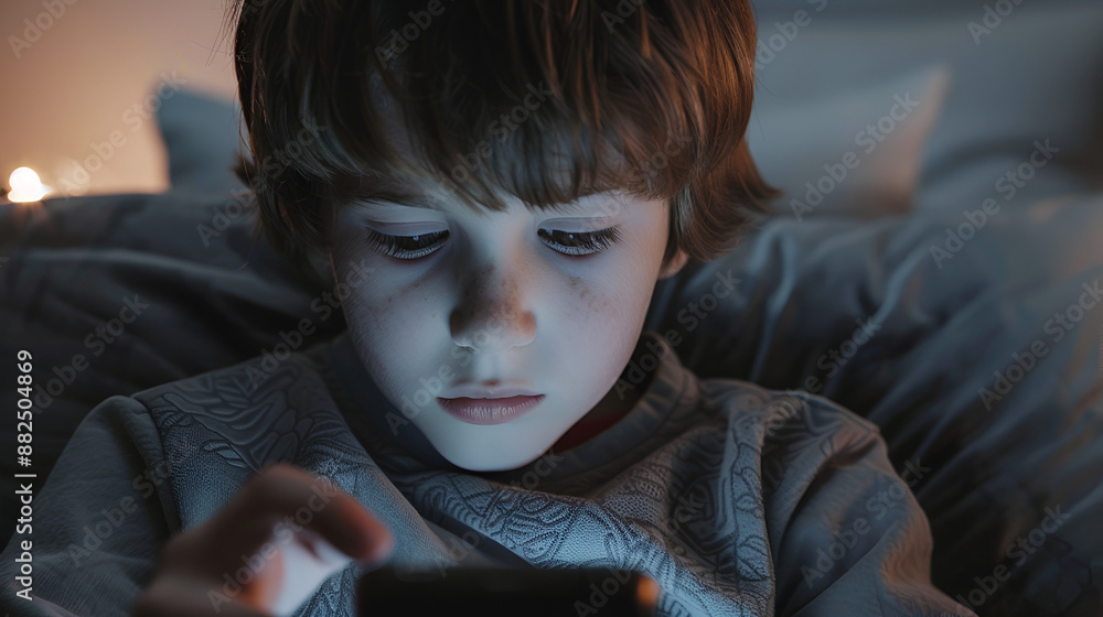 niño entretenido con su celular jugando y viendo juegos en su recamara ...