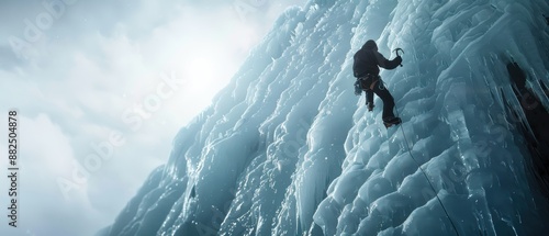 A climber ascends an icy cliff under cloudy skies, demonstrating extreme adventure, strength, and perseverance in challenging conditions. photo