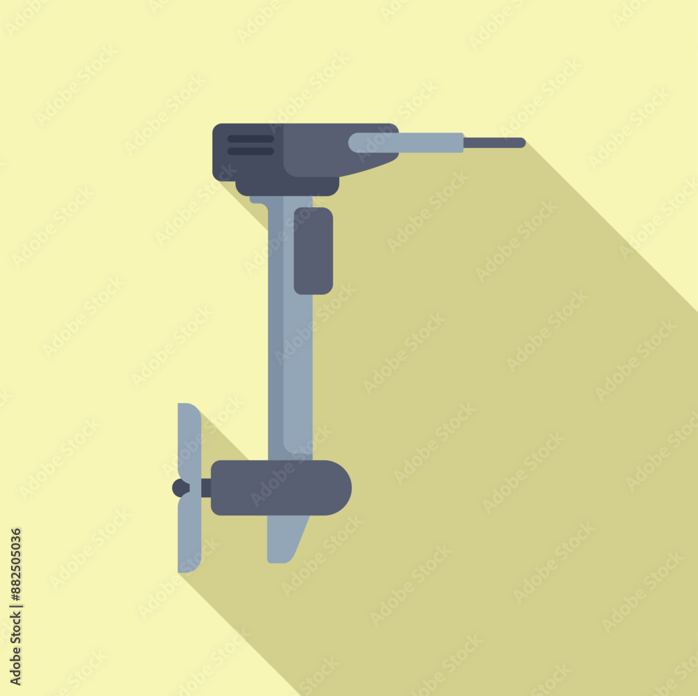 Boat motor is hanging on a yellow background, creating a long shadow Boat motor is hanging on a yellow background, creating a long shadow