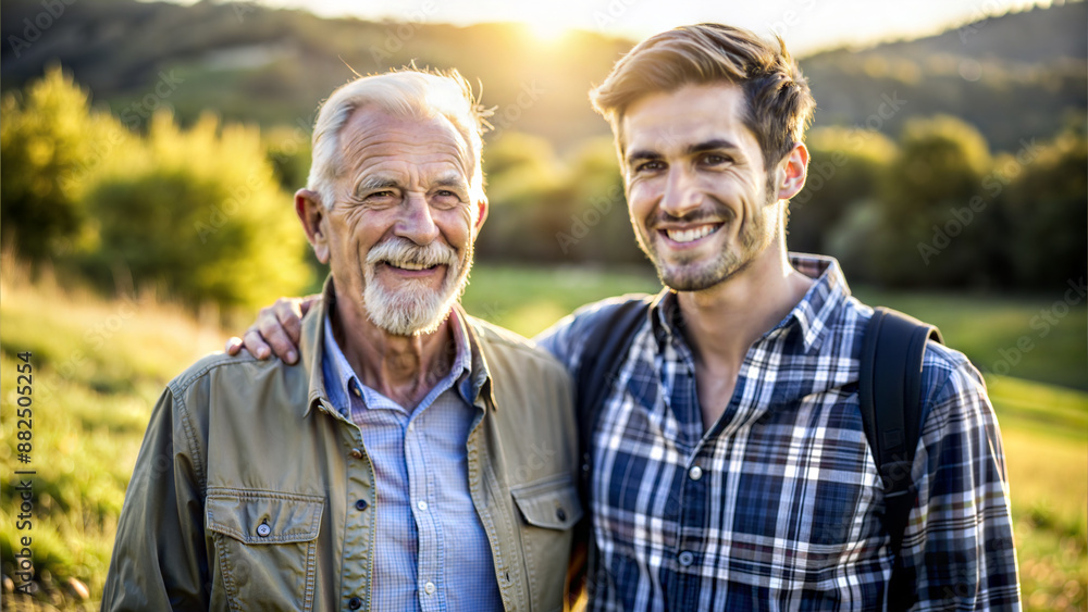 Portrait of a father and son standing in the field at sunset Portrait of a father and son standing in the field at sunset