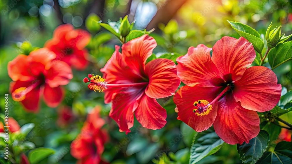 Vibrant red hibiscus flowers blooming in a tropical garden , tropical, red, hibiscus, flowers, blooming, garden, botanical, vibrant Vibrant red hibiscus flowers blooming in a tropical garden , tropical, red, hibiscus, flowers, blooming, garden, botanical, vibrant