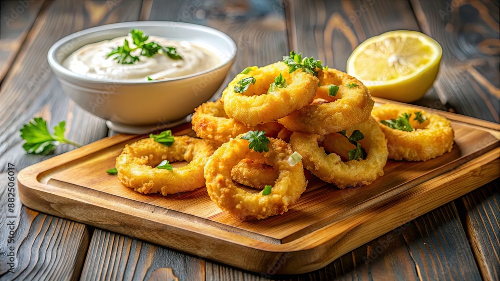 Sunlit still life of crispy tempura squid rings with tartar sauce on wooden board, food, seafood, tempura, squid Sunlit still life of crispy tempura squid rings with tartar sauce on wooden board, food, seafood, tempura, squid