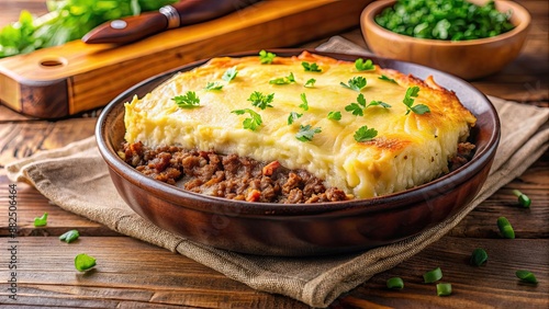 Traditional Brazilian Shepherd's Pie made with layers of dried beef, mashed cassava photo