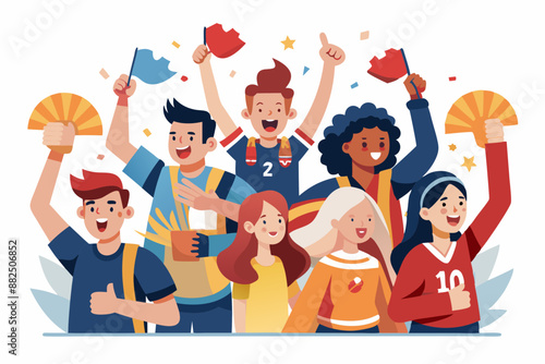 Fans cheering at a sports event illustration, sport team support, cheering vector illustration people