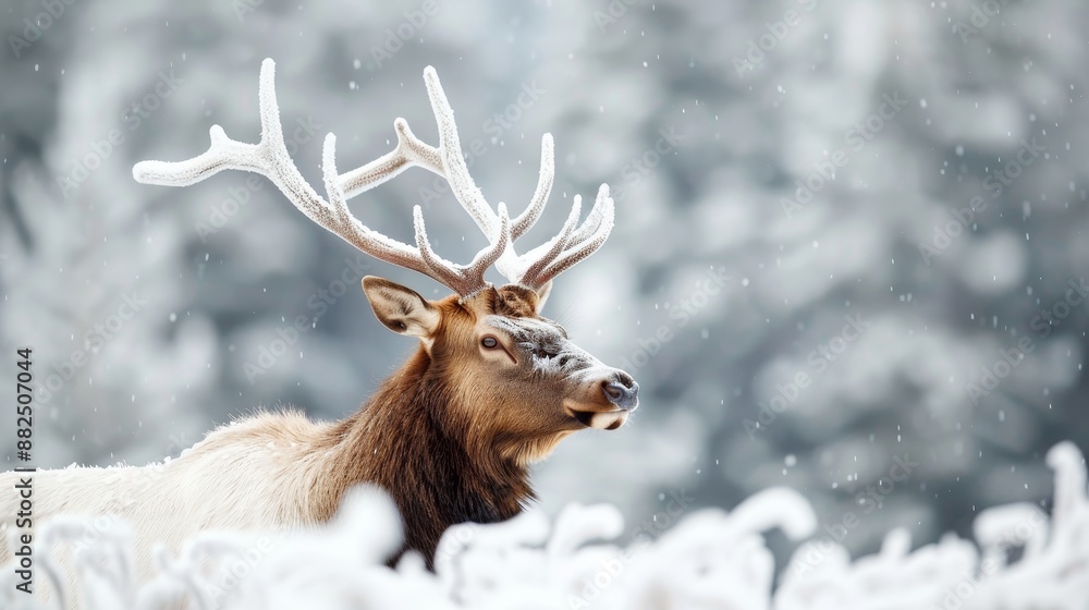 Majestic elk enduring the frost of a winter forest, its coat dusted with snow, demonstrating survival in extreme cold, a testament to nature's resilience Majestic elk enduring the frost of a winter forest, its coat dusted with snow, demonstrating survival in extreme cold, a testament to nature's resilience