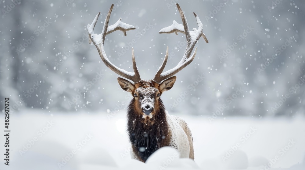 Majestic elk enduring the harsh winter, foraging through the snow, displaying the resilience and survival instincts of wildlife in cold climates Majestic elk enduring the harsh winter, foraging through the snow, displaying the resilience and survival instincts of wildlife in cold climates