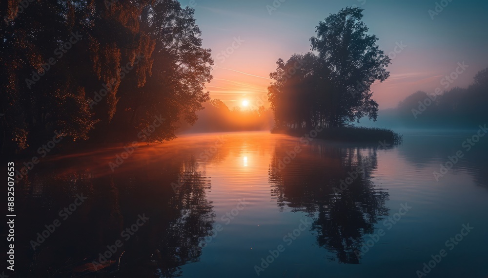 Scenic view of beautiful sunrise or dawn over a pond or lake Scenic view of beautiful sunrise or dawn over a pond or lake