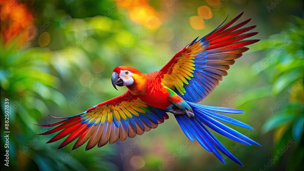 Fototapeta premium Vibrant flying parrot in multiple colors, colorful, flying, parrot, bird, vivid, feathers, tropical, vibrant, rainbow, wings