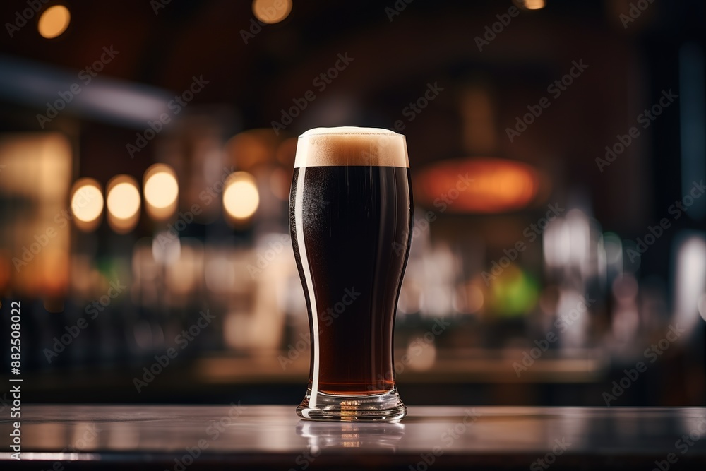 Dark stout beer in a tall glass with foam on a bar counter with a blurred bar Dark stout beer in a tall glass with foam on a bar counter with a blurred bar